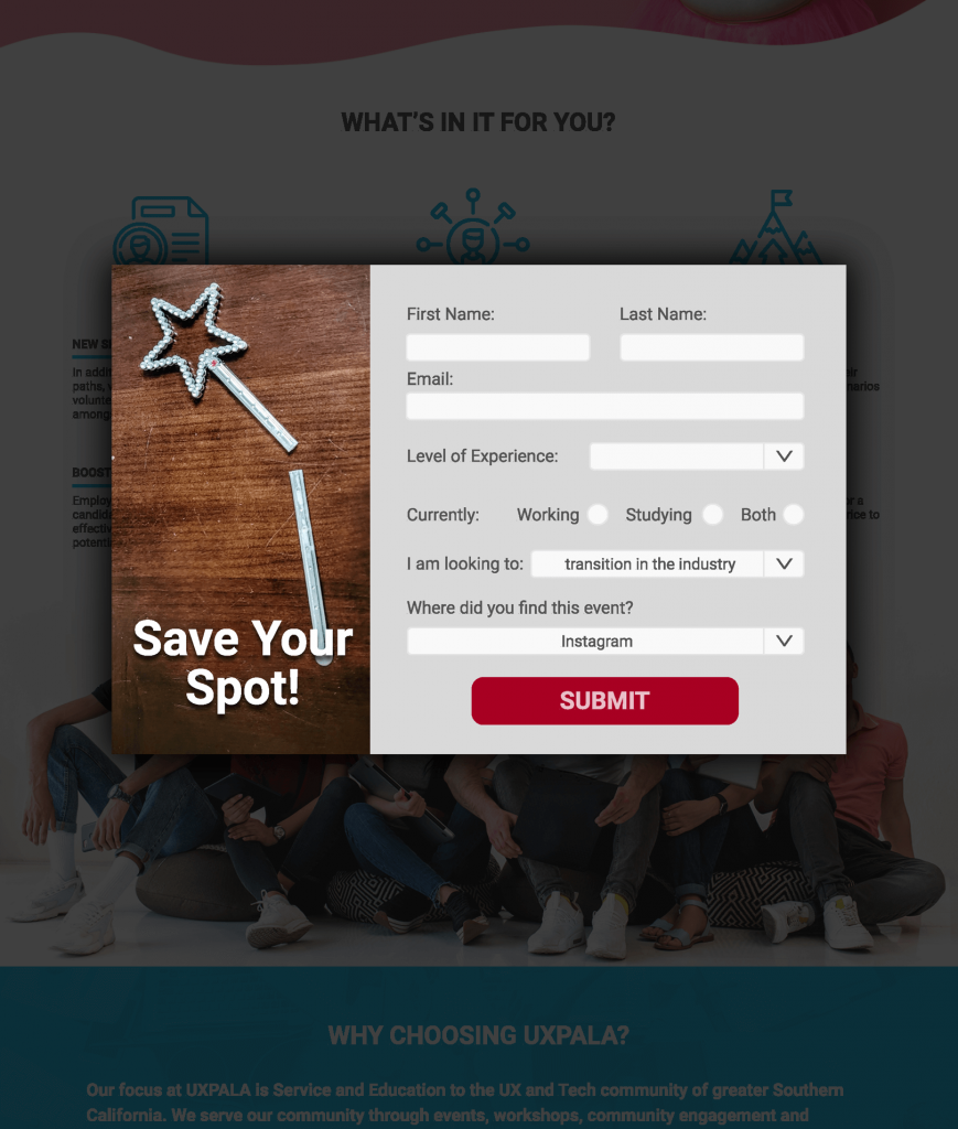 Pop Up for UXPALA landing page